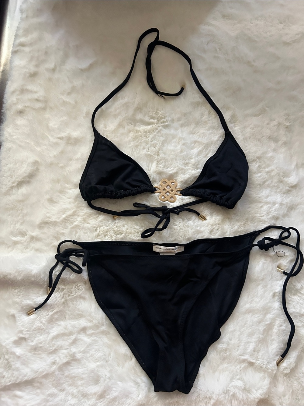 Women's Black Triangle Bikini with Gold Accent Detail